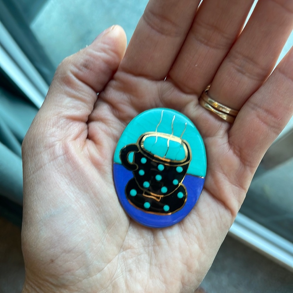 Handmade coffee cup polka dot ceramic pin made in NS